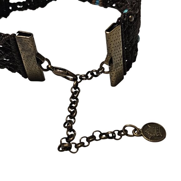 Handwoven Adjustable Bracelet Brown Macrame Blue Beads Metal Chain Closure - Picture 4 of 7